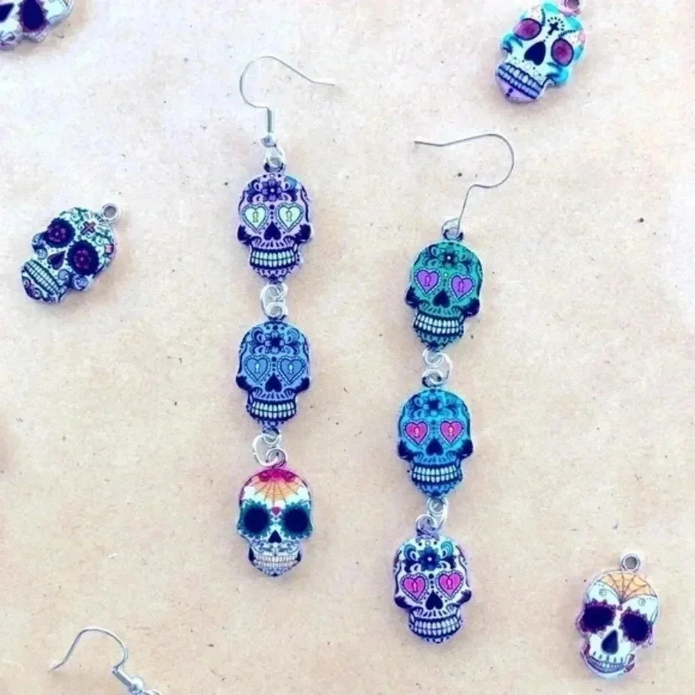 Sugar Skull Dia de los Muertos Mixed Style Drop Earrings Handmade